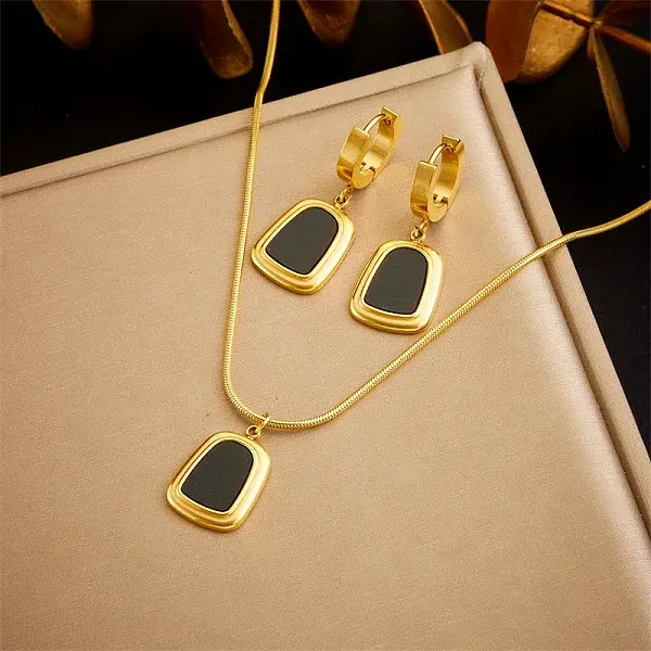 Trapezoid Stainless Steel with Natural Shell Pendant Necklaces & Hoop Earrings Sets