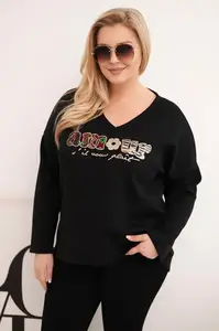 Dámská plus size mikina s potiskem a V-výstřihem černá