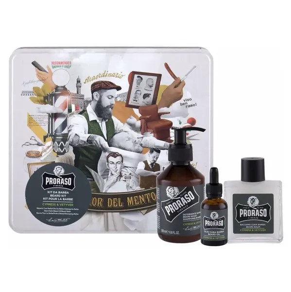 PRORASO Cypress & Vetyver Šampon na vousy 200 ml + balzám na vousy 100 ml + olej na vousy 30 ml + plechová dóza