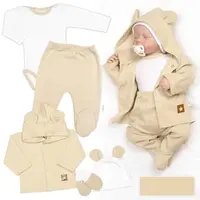 Rebrovaná sada, Star 5D, body, polodupačky, kabátik, čiapka, rukavice - béžová, biela