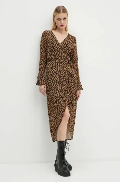 Šaty Never Fully Dressed Leopard Sheer Wrap Dress hnědá barva, midi, NL28459