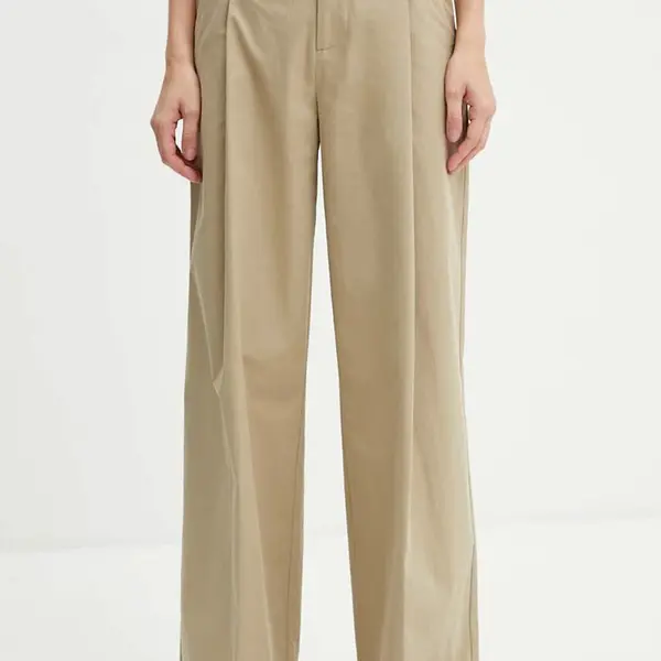 Bavlněné kalhoty AERON béžová barva, široké, high waist, PFPA249512