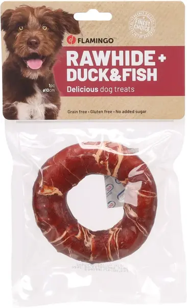 Flamingo R'Hide krúžky, maškrty pre psov - kačica, treska 90 g - ∅ 10 cm