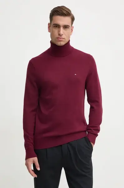 Svetr s příměsí kašmíru Tommy Hilfiger vínová barva, lehký, s golfem