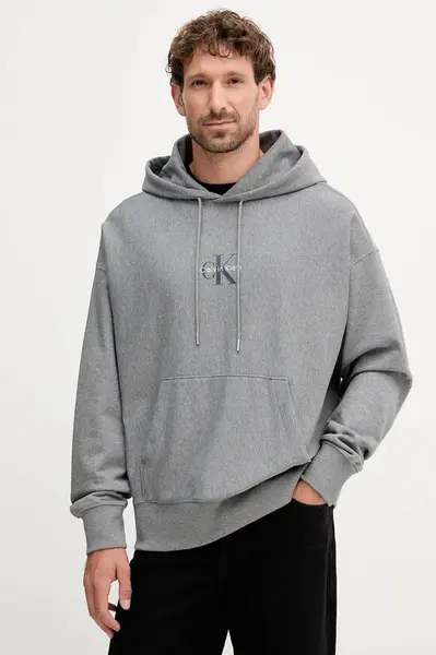 Mikina Calvin Klein Jeans pánská, šedá barva, s kapucí, s potiskem, LV04RC281G