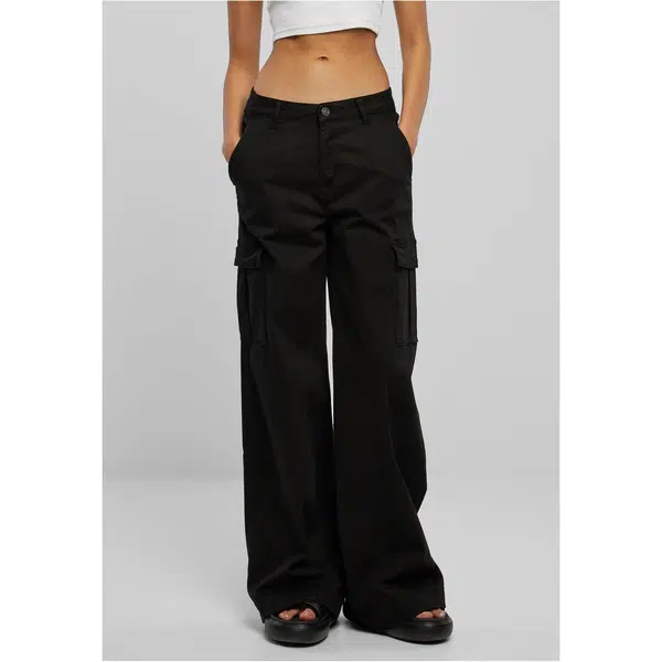 Women's twill trousers with a high waist and wide legs, black