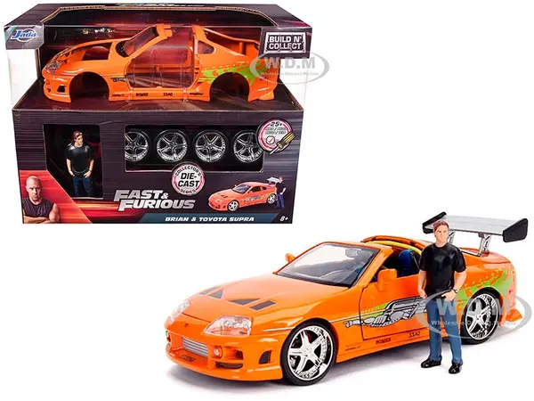 Model Kit Toyota Supra Metallic Orange with Brian Diecast Figure "Fast &amp; Furious" Movie "Build N Collect" 1/24 Diecast Model Car by Jada