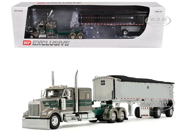 Kenworth W900L with 60" Flat Top Sleeper and MAC Coal End Dump Trailer "D&amp;D Hauling &amp; Excavating" Tan Metallic with Green Stripes 1/64 Diecas