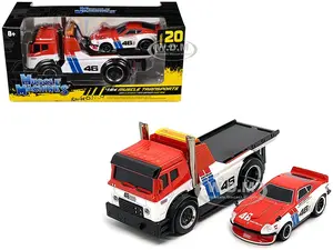 JDM Flatbed Truck 46 Red and White with Blue Stripes and 1972 Datsun 240Z 46 Red and White with Blue Stripes "BRE" "Muscle Transports" Series 1/64 Di