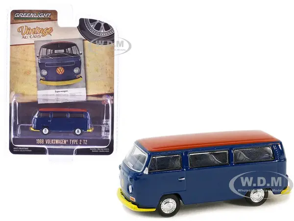 1968 Volkswagen Type 2 T2 Van Blue with Red Top "Vintage Ad Cars" Series 10 1/64 Diecast Model Car by Greenlight