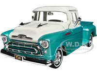 1957 Chevrolet 3100 Stepside Pickup Truck Lowrider Turquoise Metallic and White with White Interior "Get Low" Series 1/24 Diecast Model Car by Motorm