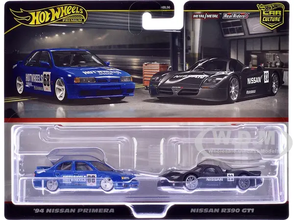1994 Nissan Primera RHD (Right Hand Drive) 68 Blue and Nissan R390 GT1 23 Matt Black "Car Culture" Set of 2 Cars Diecast Model Cars by Hot Wheels