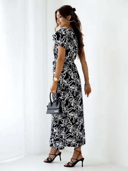Resti Patterned women's midi dress with short sleeves, wrap neckline, and belt