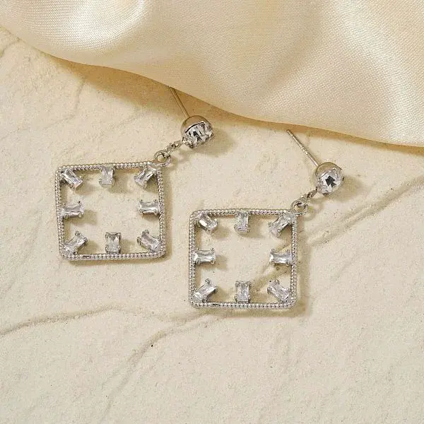 Geometric Hollow Design Brass Pave Clear Cubic Zirconia Stud Earrings