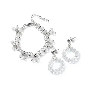 Glass Brided Beaded Dangle Stud Earrings & Multi-strand Bracelet