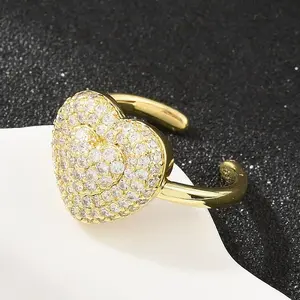 Heart Brass Micro Pave Cubic Zirconia Cuff Open Rings for Women
