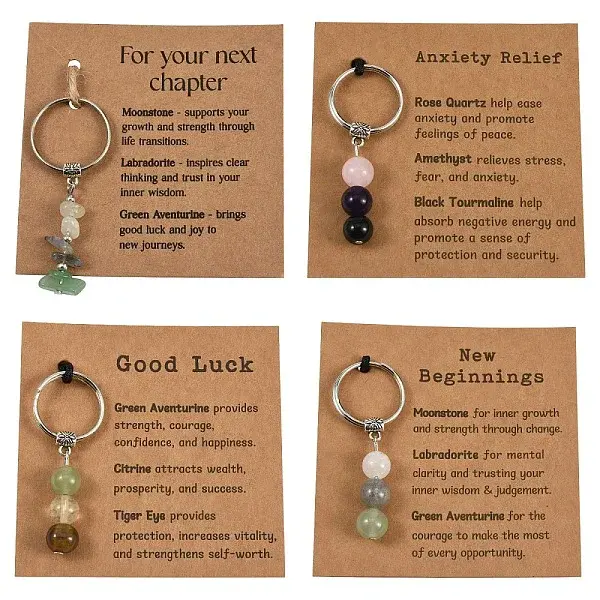 4 Styles Round Natural Mixed Stone Keychains