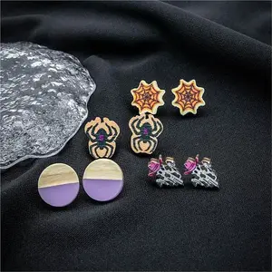Halloween Spider Ghost Spider Web Wood Stud Earring Sets