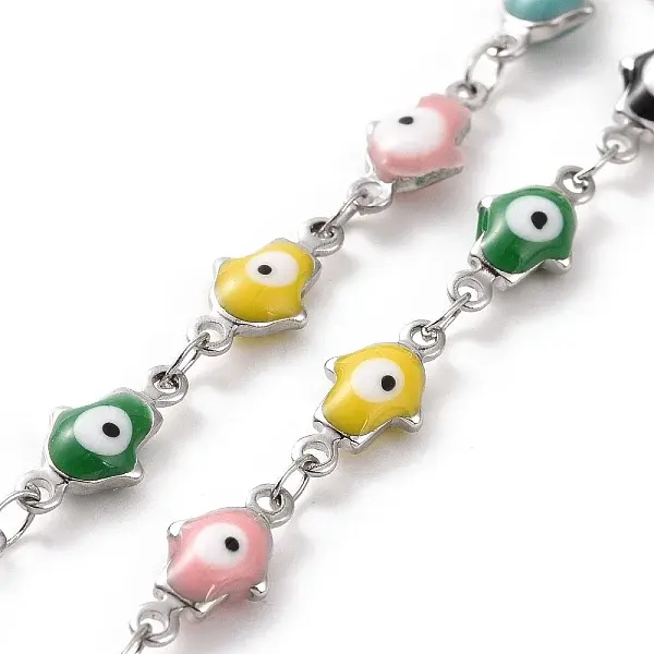 Enamel Hamsa Hand with Evil Eye Link Chains
