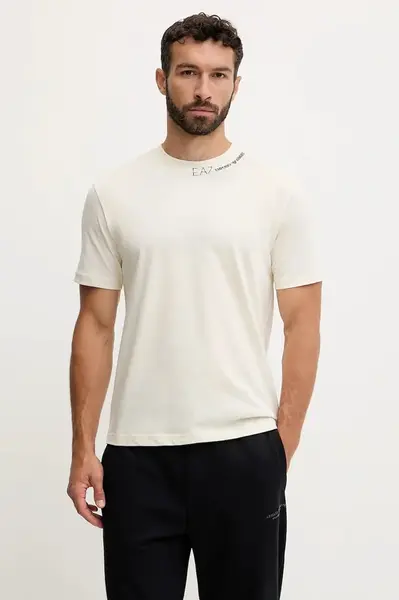 Bavlněné tričko EA7 Emporio Armani pánské, béžová barva, AF13244.7X000147