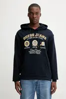Bavlněná mikina Guess Jeans pánská, tmavomodrá barva, s kapucí, s potiskem, M5YQ18 KCPR1