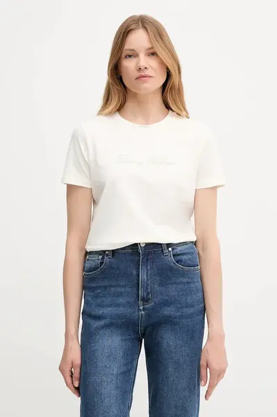 Bavlněné tričko Tommy Hilfiger dámské, béžová barva, WW0WW47210