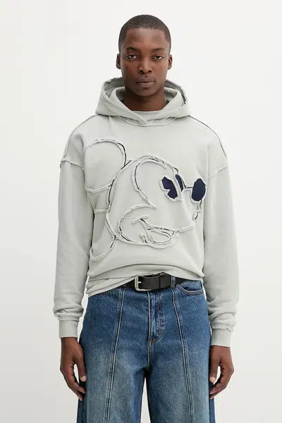 Bavlněná mikina Desigual SHEFFIELD MICKEY pánská, šedá barva, s kapucí, vzorovaná, 25WMSK08