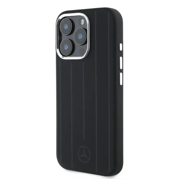 Zadní kryt Mercedes Liquid Silicon Stripes Pattern MagSafe pro Apple iPhone 16 Pro, černá