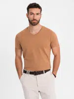 Ombre Men's BASIC classic cotton T-shirt with a v-neck - brown