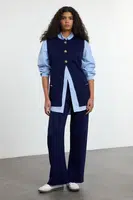 Trendyol Navy Blue Wide Cut Button Detailed Vest-Pants Knitwear Bottom-Top Set