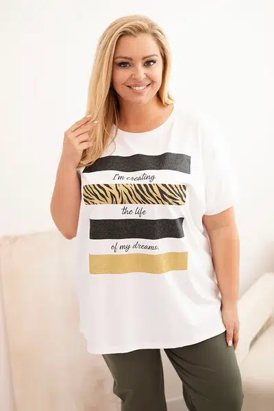 Kesi Włoski Dámska bavlnená blúzka Plus Size so zlatou potlačou s trblietkami biela