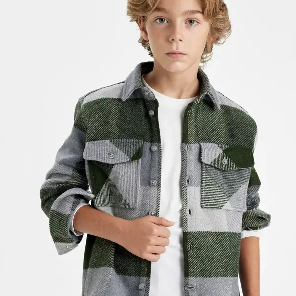 DEFACTO Boy Oversize Wide Pattern Checkered Polo Collar Flannel Long Sleeve Shirt