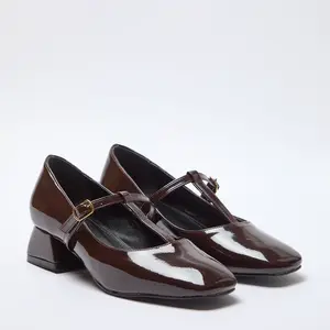 Trendyol Brown Women's Patent Leather T-Strap Mary Jane Block Heel Shoes