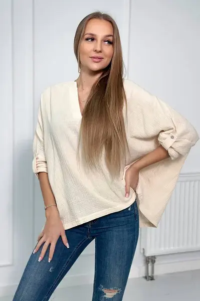 Bavlněná halenka s vyhrnutými rukávy světle béžová