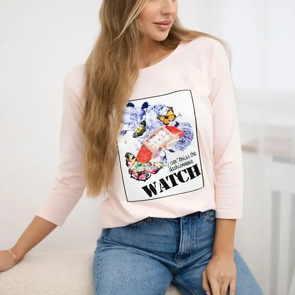 Halenka s grafikou 3D Watch pudrově růžová