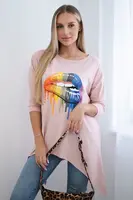 Halenka oversize s potiskem duhových rtů tmavě pudrově růžová