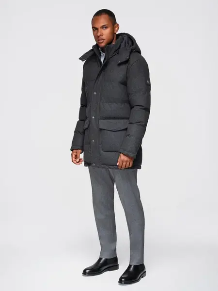 Ombre Men's long warm parka jacket with wool - black melange
