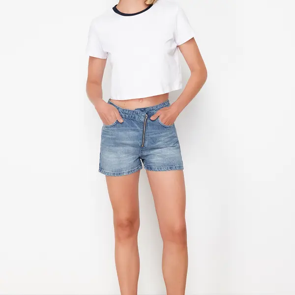 Trendyol Blue Waist Detailed High Waist Denim Shorts