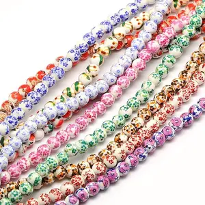 Handmade Flower Printed Porcelain Ceramic Beads Strands