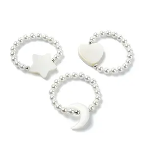 3Pcs 3 Style Natural Pearl & Shell Beaded Stretch Rings Set