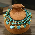 Bohemian Dyed Synthetic Turquoise Elephant & Brass Fish Heart Beaded Tassel Anklets for Women