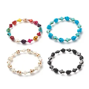 Synthetic Turquoise(Dyed) Cross & Skull Beaded Stretch Bracelet