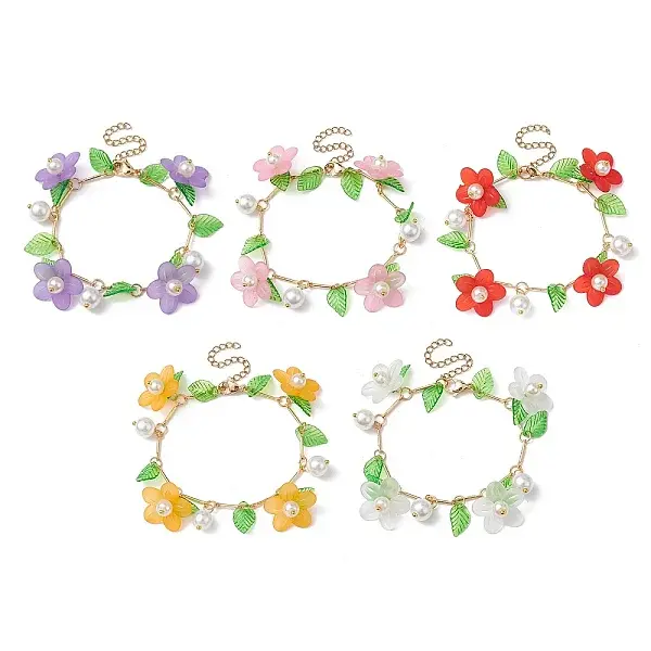 5Pcs 5 Color Flower Acrylic & Glass Pearl Charm Bracelets Set
