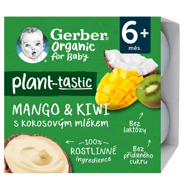 GERBER Organic 100% rostlinný dezert mango a kiwi s kokosovým mlékem 4 x 90 g