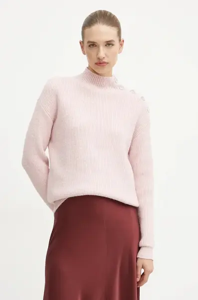 Svetr z vlněné směsi Morgan MSTORI dámský, růžová barva, s pologolfem, MSTORI