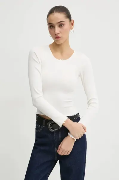 Tričko s dlouhým rukávem Tommy Jeans béžová barva, DW0DW20277