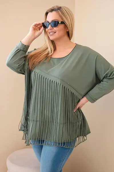 Plus size dámská halenka s třásněmi khaki