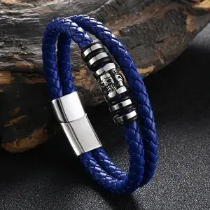 Stainless Steel Skull Beaded Leather Double Layer Multi-strand Bracelet