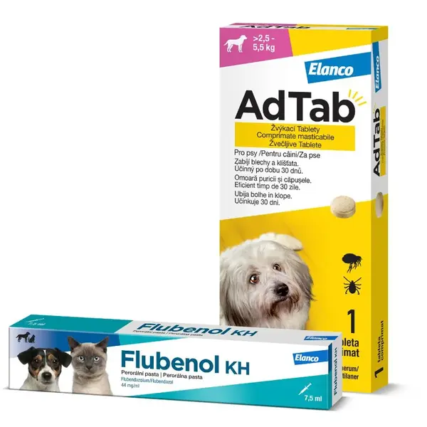 Adtab 112mg žvýkací tablety pro psy >2.5-5.5kg 1ks + Flubenol Kh 44mg/ml perorální pasta 7.5ml