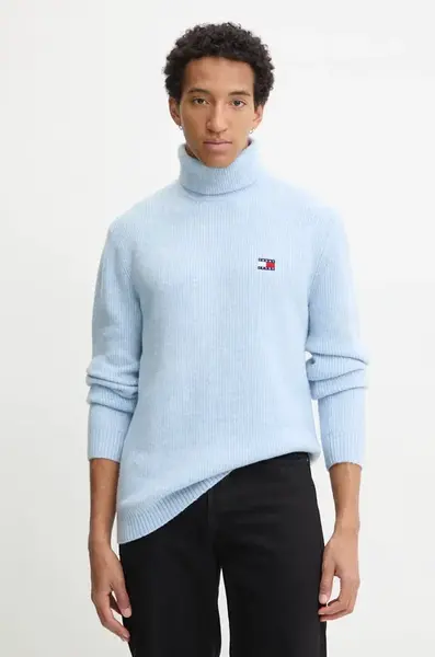 Svetr z vlněné směsi Tommy Jeans pánský, modrá barva, s golfem, DM0DM20602